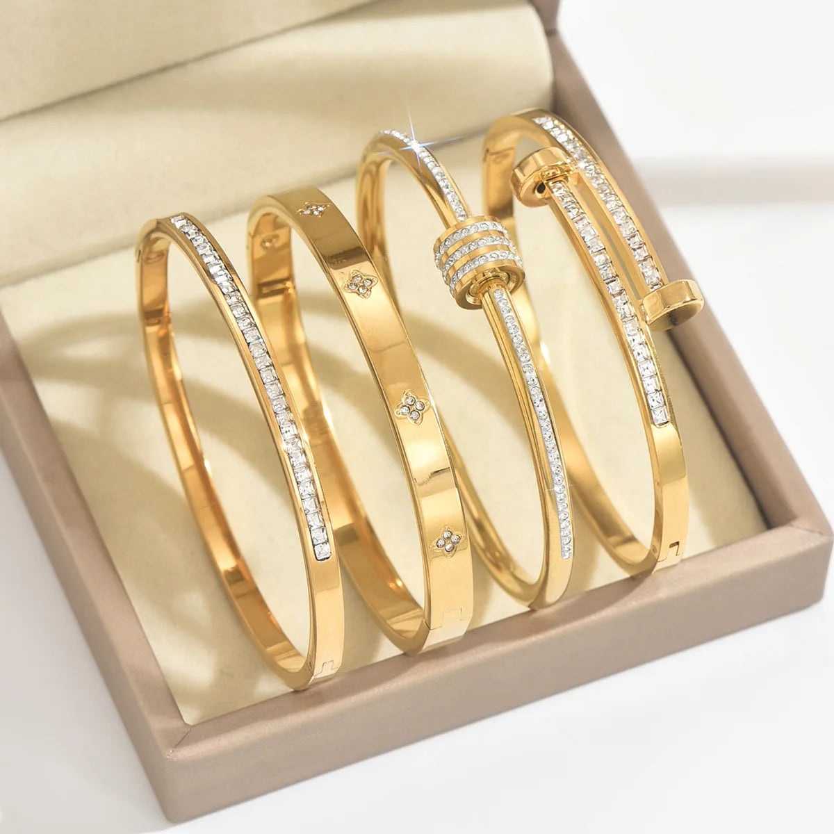 Gold Zircon Stacked Couple Bracelet