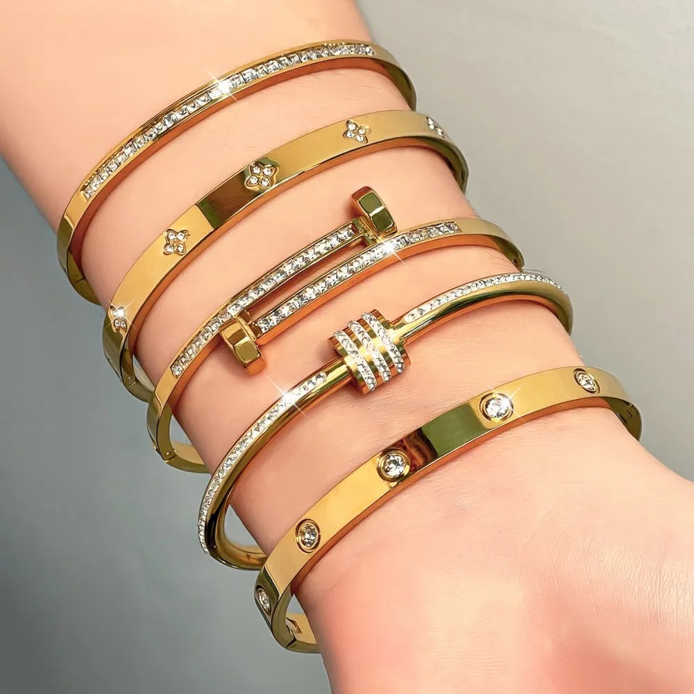 Gold Zircon Stacked Couple Bracelet