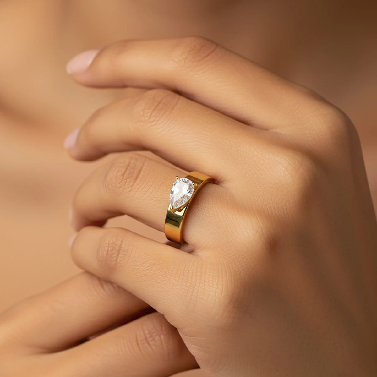 Golder Silver Pear CZ Ring