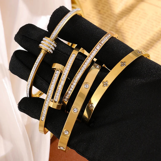 Gold Zircon Stacked Couple Bracelet