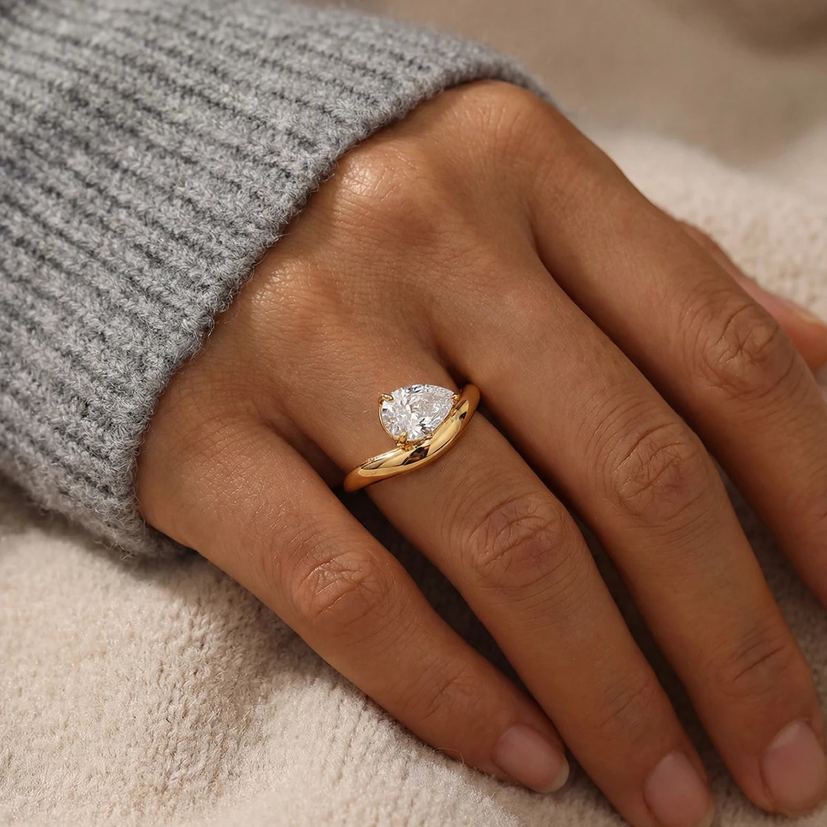 Golder Silver Pear CZ Ring